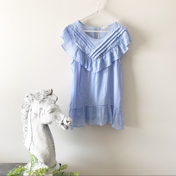 Entro Light Blue Tulip Print Ruffle Neck Top